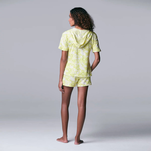Simply Vera Wang Hooded Short Sleeve Pajama Top & Shorts Set Lime Tie Dye M, L - Picture 3 of 4